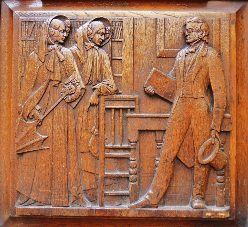 The Brontës meet Thackeray at the offices of Smith and Elder: one of 8 wooden door panels at 3, Cornhill, London. Pic via http://tonyshaw3.blogspot.co.uk